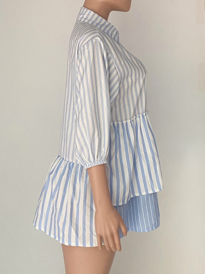 Women Striped Patchwork Short Sleeve Shirt