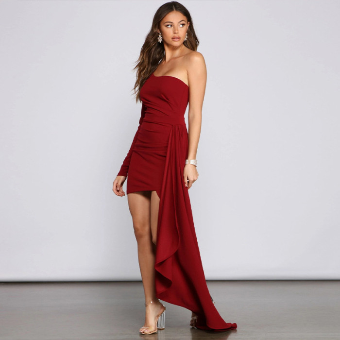 Summer Women's Solid Color Low Back Pleated One Shoulder Long Sleeve  Bodycon Ribbon Dress