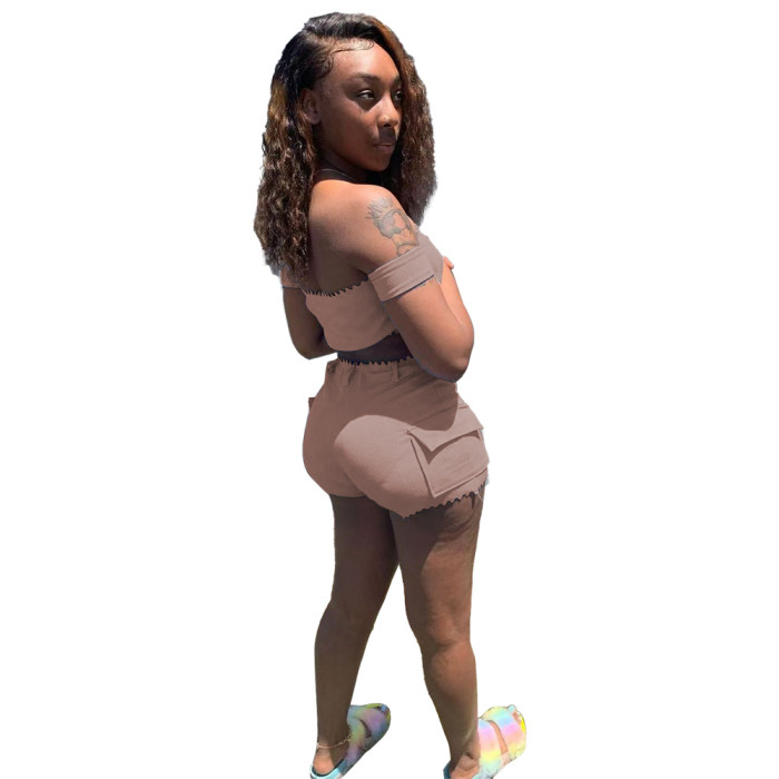 Ribbed Solid Sexy Off Shoulder Two-Piece Shorts Set