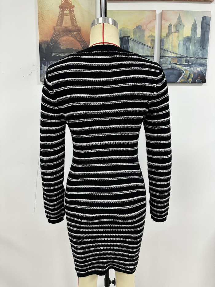Autumn/Winter Round Neck Women's Knitting Dress Women's Contrast Color Striped Pullover Maxi Sweater Dress