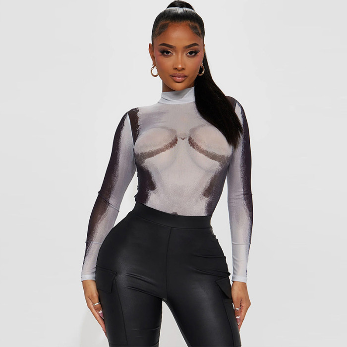 Women Fall Print Sexy Mesh Long Sleeve Romper