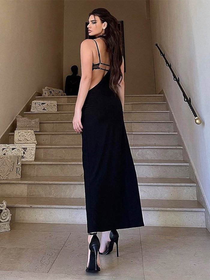 Women Fall Solid Sexy Irregular Sleeveless Halter Neck Slit Dress