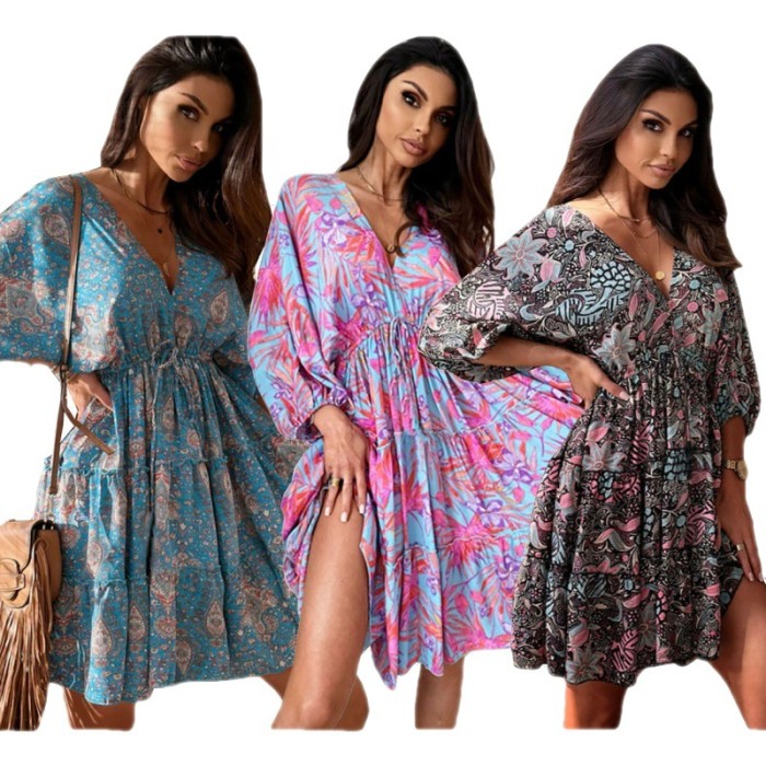 Women summer v-neck short-sleeve printed loose dress