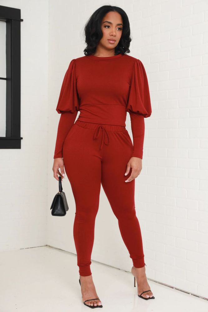 Fashion Autumn/Winter Solid Balloon Sleeve Two-Piece Pants Set