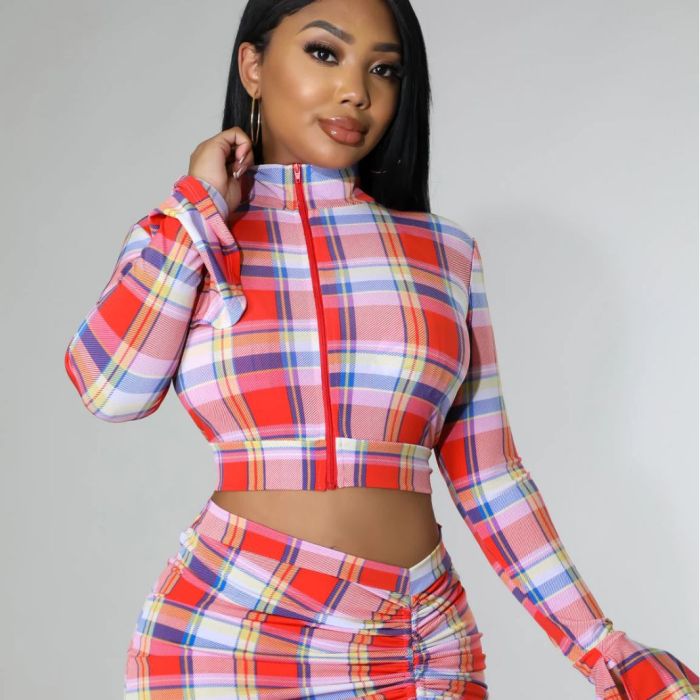 Women Drawstring Printed Plaid Bikini Skirt Sexy Three-Piece