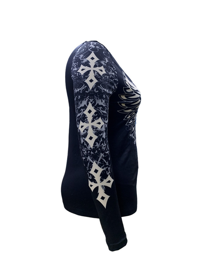 Women Chic Wings Print Long Sleeve Square Neck Top