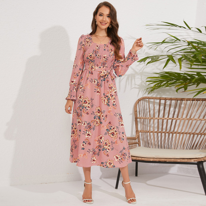 Fall Women's Vintage Long Sleeve Floral Midi Dress