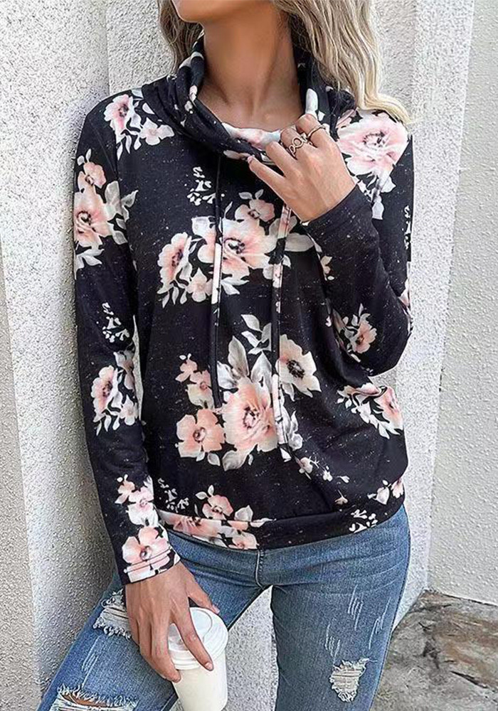Women's Fall Winter Long Sleeve Printed Top Pile Turtleneck Pullover Top
