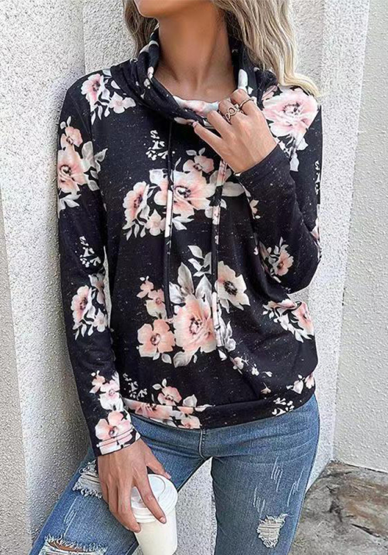 Women's Fall Winter Long Sleeve Printed Top Pile Turtleneck Pullover Top