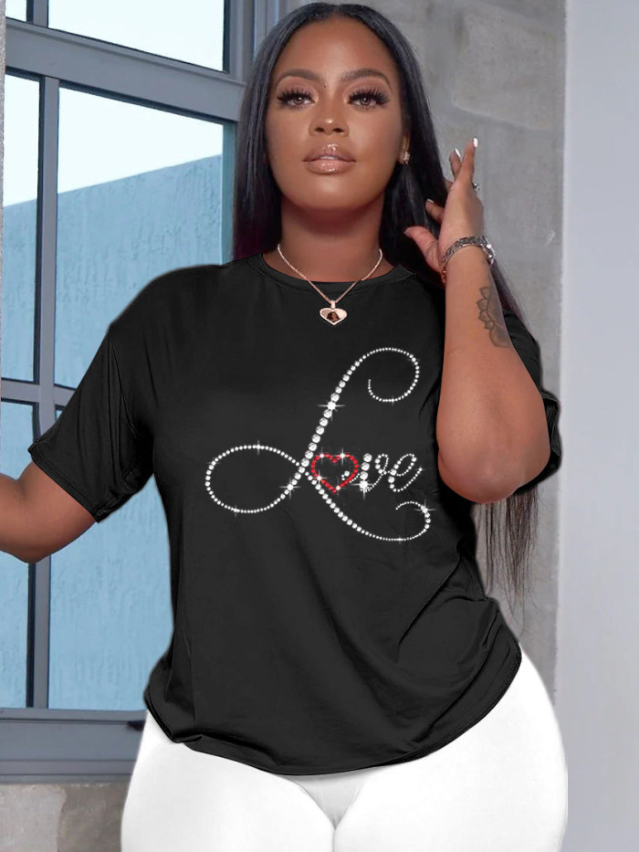 Fashion Ladies Letter Beaded Round Neck Short Sleeve Casual T-Shirt