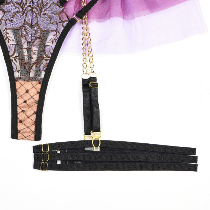 Embroidery Lace-Up Cross Mesh Patchwork Sexy Lingerie Four-Piece Set