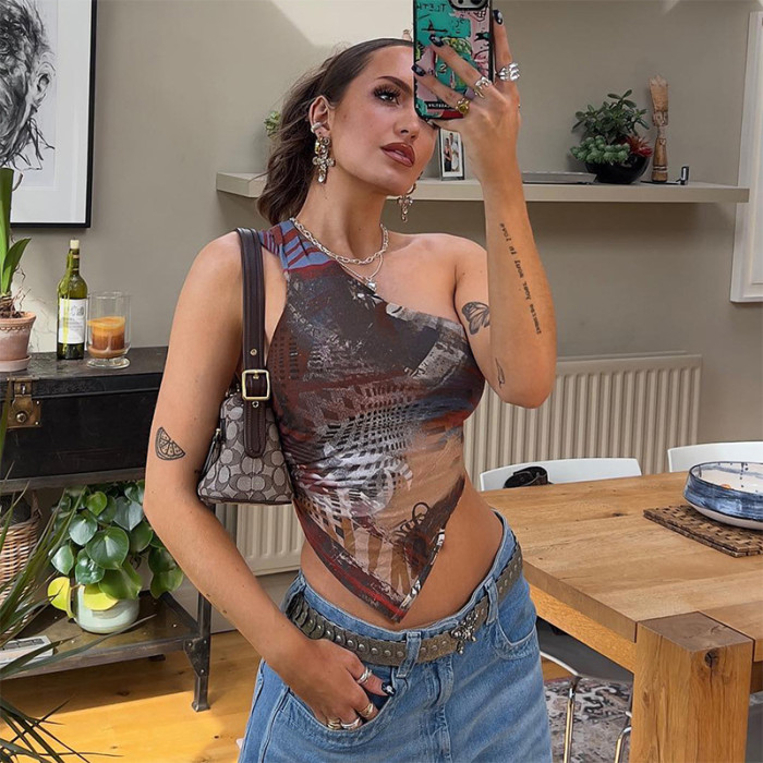 Women Summer Street Print Sleeveless One Shoulder Slash Shoulder Crop Top
