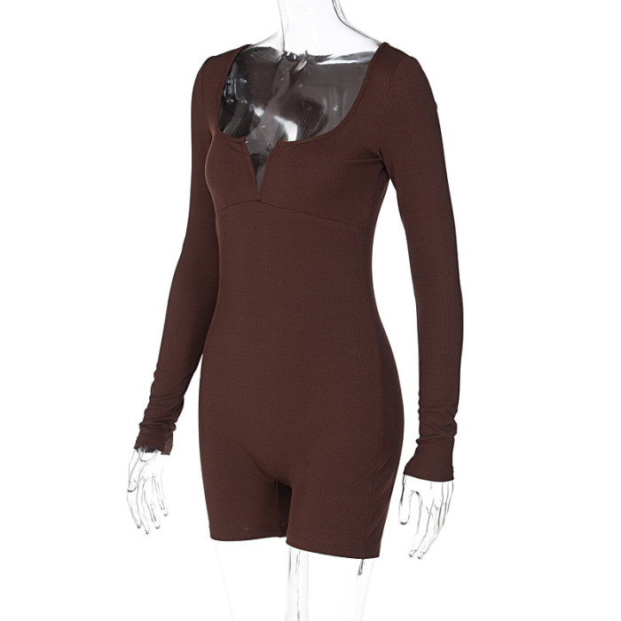 Women Fall Solidu Collar Long Sleeve Romper