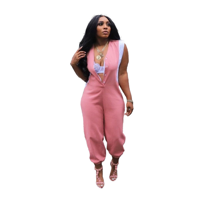 Sexy Slim Solid Patchwork Contrast Pocket Slim Jumpsuit