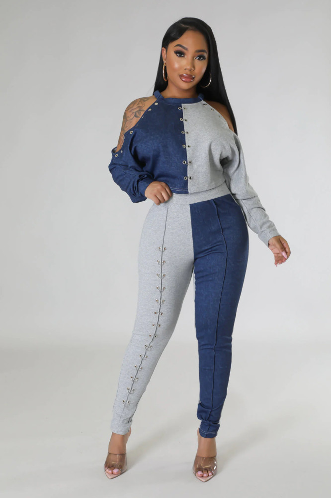 Women's Fall Shoulder Cutout Top Colorblock Metallic Trousers Casual Two Piece Set