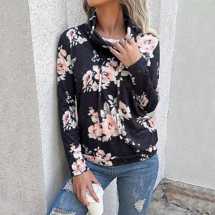 Women's Fall Winter Long Sleeve Printed Top Pile Turtleneck Pullover Top