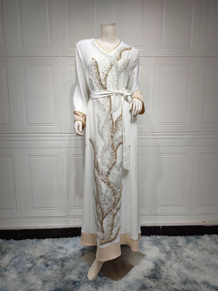 Muslim Robe Beaded Embroidery Fashion Abaya Arab Ladies Home Casual Dress