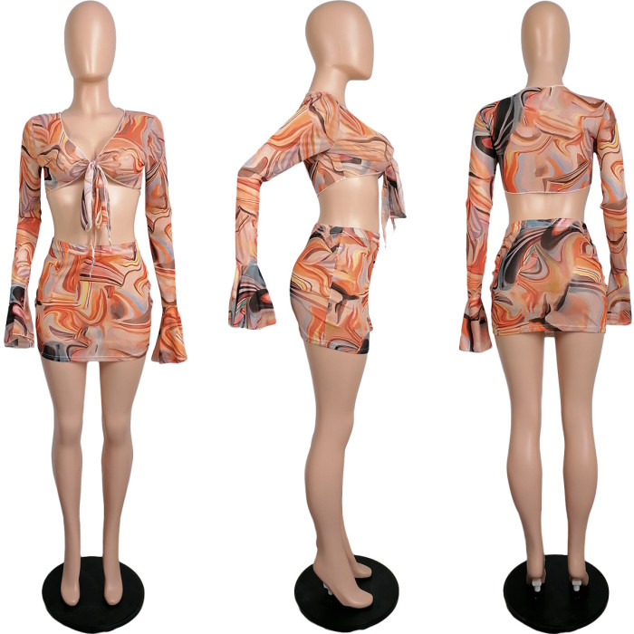 Women Sexy Bell Bottom Sleeve Mesh Print Top and Skirt Two-Piece Set