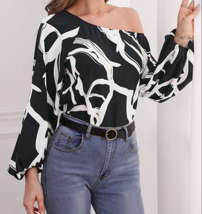 Women's Fashion Off Shoulder Loose Balloon Sleeve Printed Blouse Top