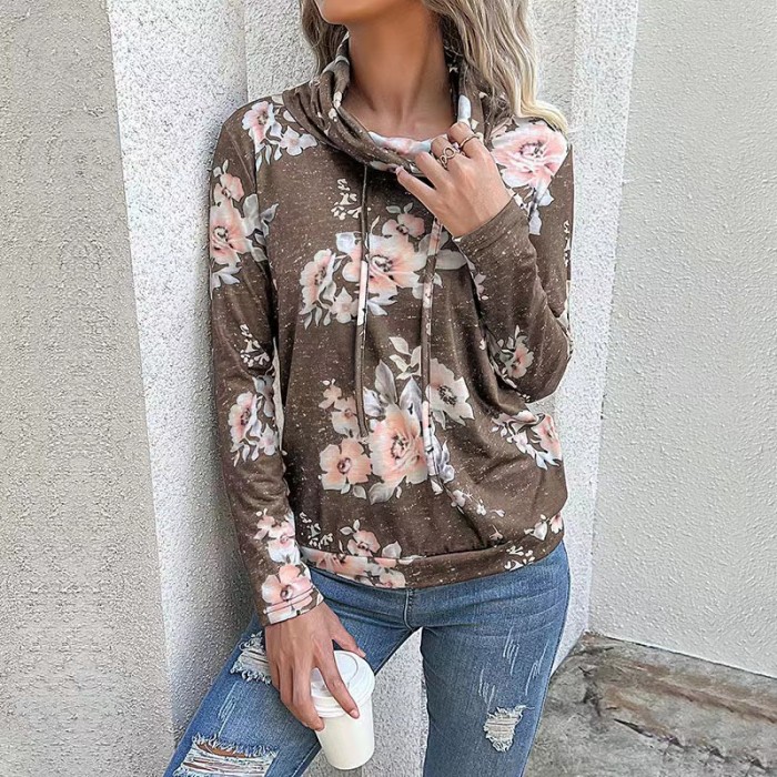 Women's Fall Winter Long Sleeve Printed Top Pile Turtleneck Pullover Top