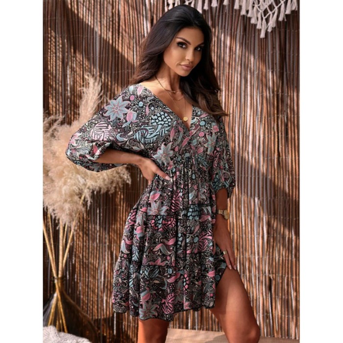 Women summer v-neck short-sleeve printed loose dress