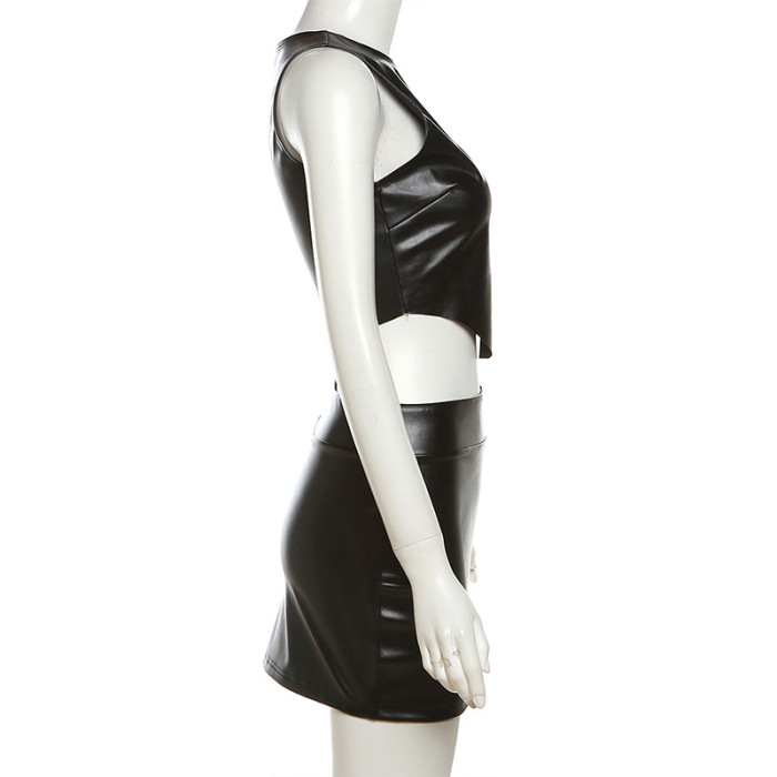 Women Sexy Casual Pu Leather Tank Top and Bodycon Skirt Two-Piece Set