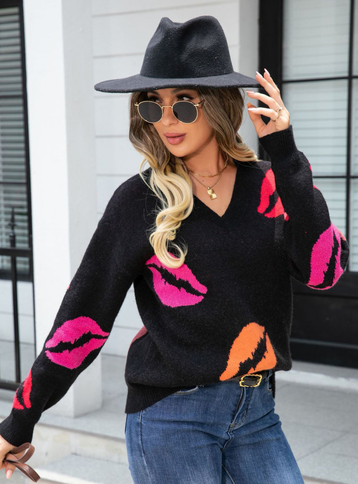 Autumn And Winter Lips Valentine's Day Sweater V-Neck Knitting Pullover Sweater