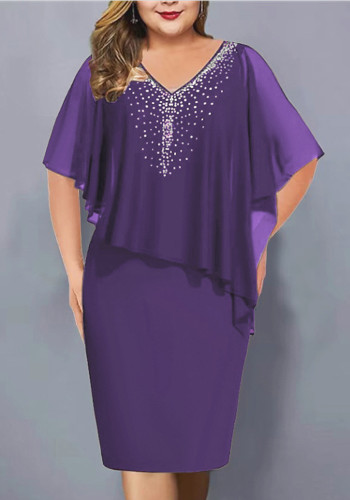 Fall V-Neck Chiffon Shawl Beaded Bodycon Plus Size Women's Dress