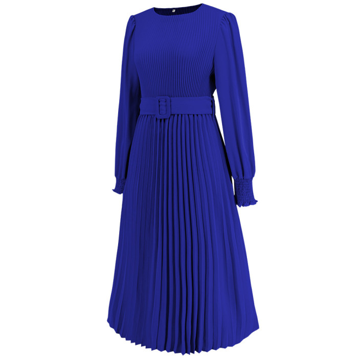 Autumn/Winter Round Neck Puff Long Sleeve Pleated A-Line Midi Dress