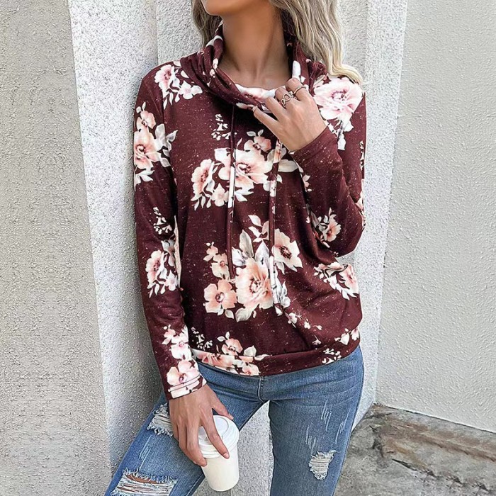 Women's Fall Winter Long Sleeve Printed Top Pile Turtleneck Pullover Top
