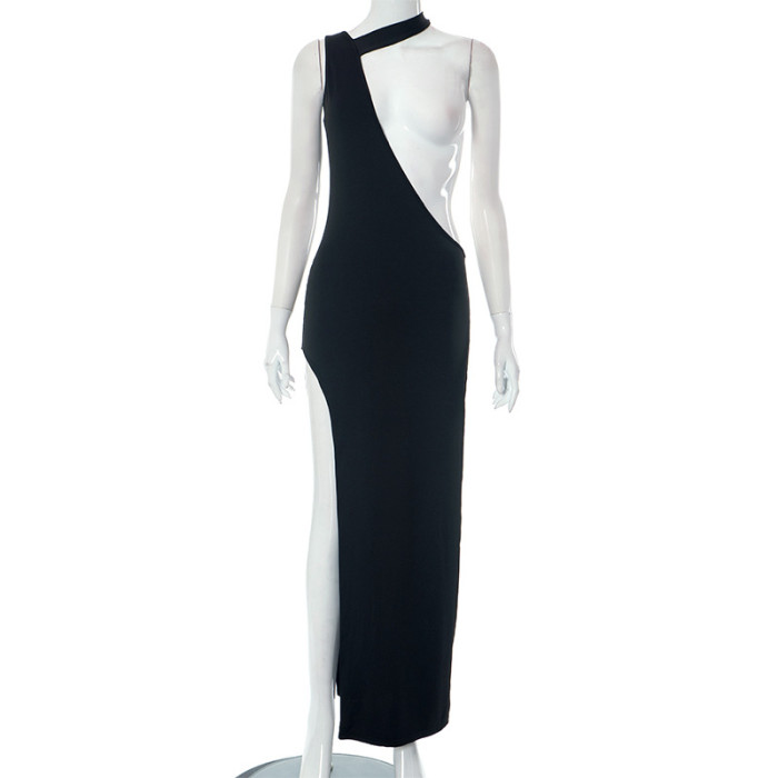 Women Fall Solid Sexy Irregular Sleeveless Halter Neck Slit Dress