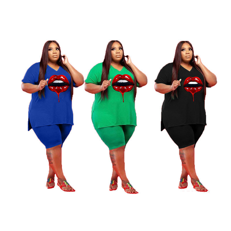 Women's V Neck Plus Size Casual Two-Piece Shorts Set