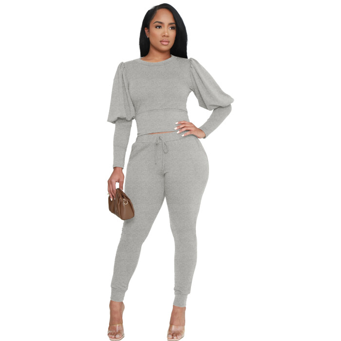 Fashion Autumn/Winter Solid Balloon Sleeve Two-Piece Pants Set