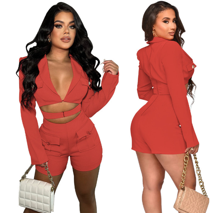 Women's Fashion Pocket Sexy Deep V Solid Color Jumpsuit