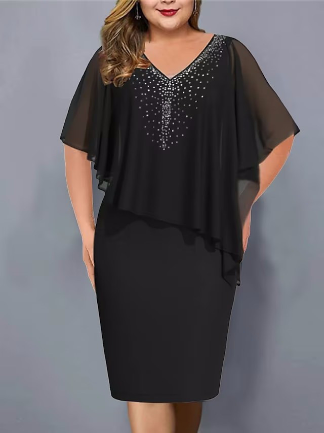 Fall V-Neck Chiffon Shawl Beaded Bodycon Plus Size Women's Dress