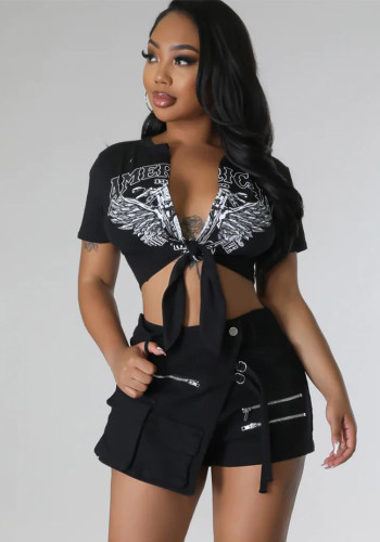 Women Short Sleeve Printed Crop Top and Denim Hakata Two-Piece Set