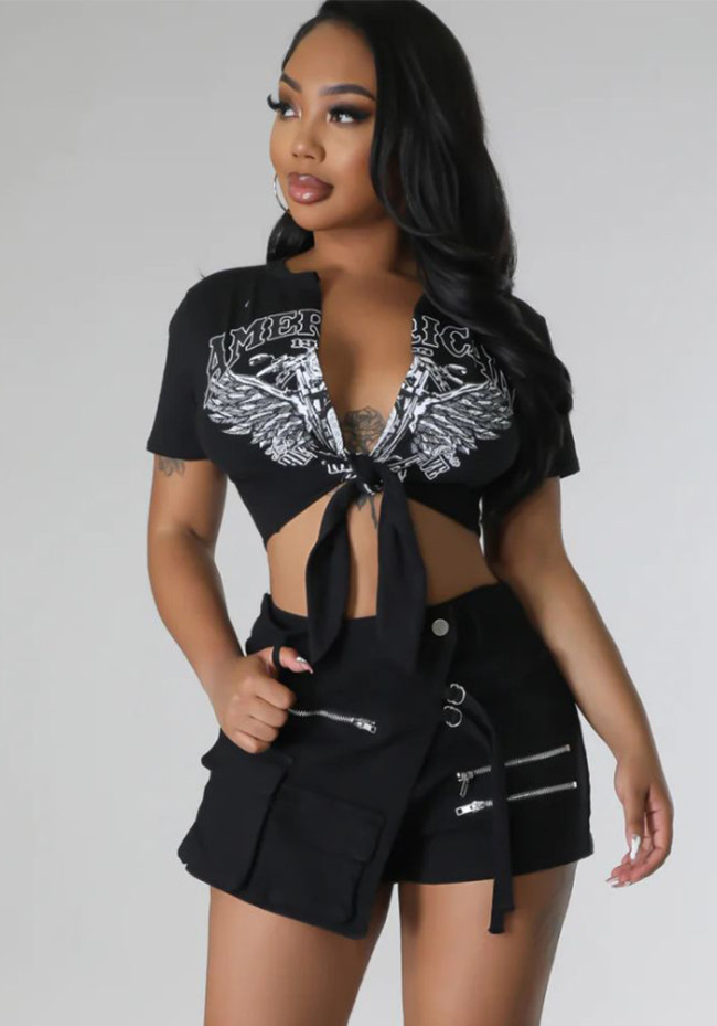 Women Short Sleeve Printed Crop Top and Denim Hakata Two-Piece Set