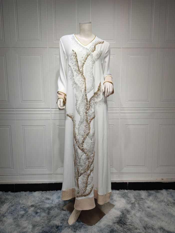 Muslim Robe Beaded Embroidery Fashion Abaya Arab Ladies Home Casual Dress