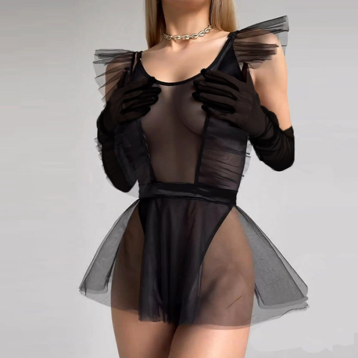 Summer Fashion Sexy Mesh Bodysuit Skirt Gloves Three-Piece Female Set