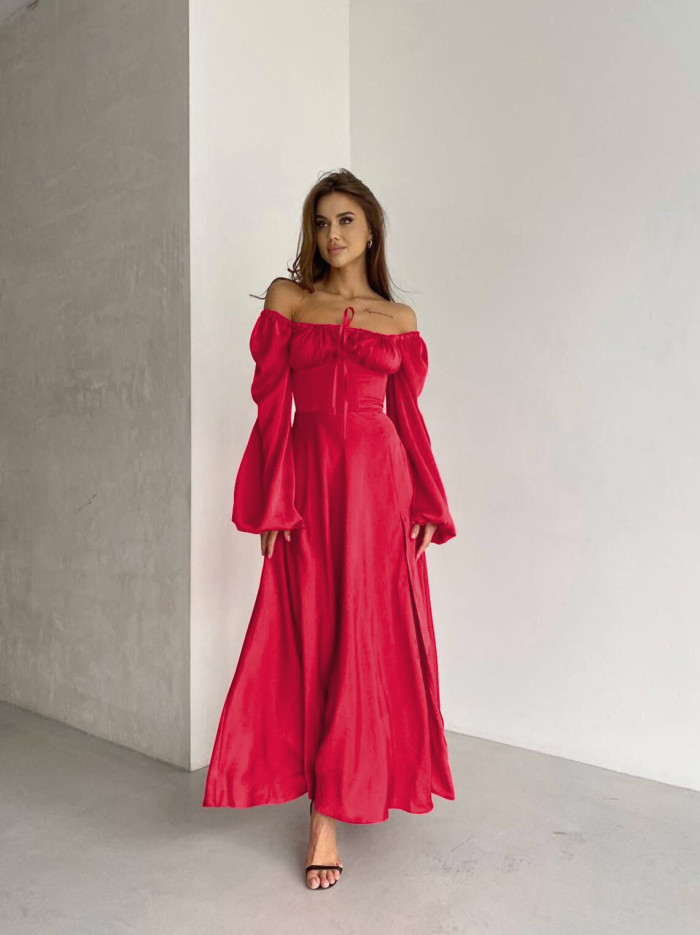 Women's Dresses Sexy Long Sleeve Satin Off Shoulder Tie Dress