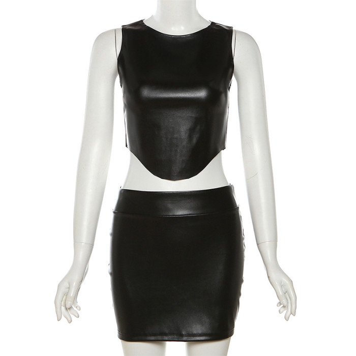 Women Sexy Casual Pu Leather Tank Top and Bodycon Skirt Two-Piece Set