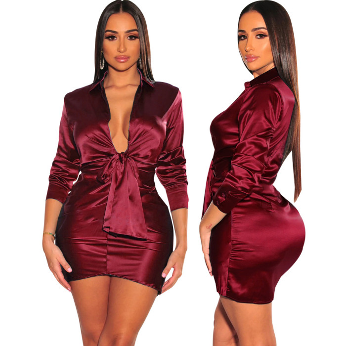 Sexy Fashion Deep V-Neck Women's Shirt Dress