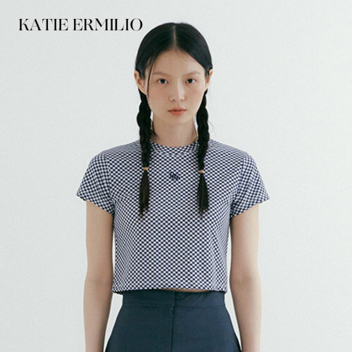Katie Ermilio blue plaid short-sleeved top