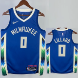 22-23 BUCKS LILLARD #0 Blue City Edition Top Quality Hot Pressing NBA Jersey(V领)