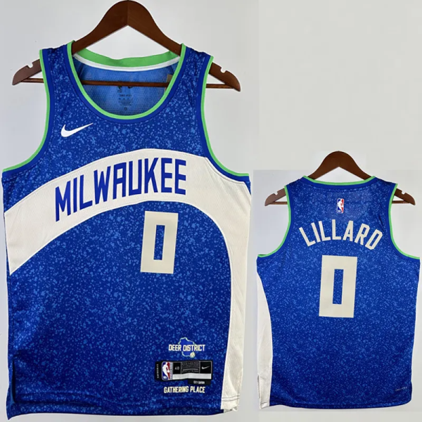 23-24 BUCKS LILLARD #0 Blue City Edition Top Quality Hot Pressing NBA Jersey(V领)