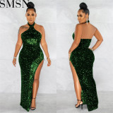 Plus Size Dress Amazon Sequin See-through Solid Color Sleeveless Halter Dress