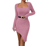 Plus Size Dress Amazon new spring and summer square collar fashion slit irregular sexy dress