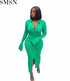 Fashion women dress Amazon long sleeve V neck long button bell sleeve dress sweater