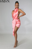 Casual Dress sexy sleeveless satin irregular dress