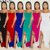 Plus Size Dress European and American sling solid color side drag side open dress for women